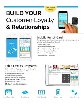 Table Loyalty Programs
|Pointbasedloyalty programs
| Checkinloyalty programs
| Simple datacapture programs
| Custombranded to the business
| Works on mosttablets
| Textand email clientintegration
Customtable loyalty programs are a great way for
customers toearn rewards at the POS.
Mobile Punch Card
Turn your paperpunchcard intoa custombranded mobile punch card
withthe revolutionary SmartStamp!
| Mobile punchcards
| Revolutionary SmartStamp
| Custombranded to yourbusiness
| You ownyour customerdata
| Textand email integration
| Locations, hours, and more
 