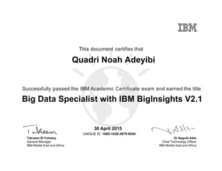 Dr Naguib Attia
Chief Technology Officer
IBM Middle East and Africa
This document certifies that
Successfully passed the IBM Academic Certificate exam and earned the title
UNIQUE ID
Takreem El-Tohamy
General Manager
IBM Middle East and Africa
Quadri Noah Adeyibi
30 April 2015
Big Data Specialist with IBM BigInsights V2.1
1665-1430-3879-9544
Digitally signed by
IBM MEA
University
Date: 2015.04.30
13:16:44 CEST
Reason: Passed
test
Location: MEA
Portal Exams
Signat
 