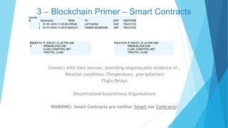 Journal
ID Datestamp FROM TO UNIT IDENTIFIER
1 01/01/2016 11:45:00 ATRIUM LUFTHANSA EUR POLICY123
2 01/01/2016 11:45:01 BEAZLEY FARMER MCGREGOR GBP POLICY234
POLICY12
3
IF (POLICY_IS_ACTIVE AND
PREMIUM_PAID AND
CLAIM_CONDITION_MET
THEN PAY_CLAIM
POLICY234 IF (POLICY_IS_ACTIVE AND
PREMIUM_PAID AND
CLAIM_CONDITION_MET
THEN PAY_CLAIM
Connect with data sources, providing unquivocable evidence of…
Weather conditions (Temperature, precipitation)
Flight Delays
Decentralised Autonomous Organisations
WARNING: Smart Contracts are neither Smart nor Contracts!
3 – Blockchain Primer – Smart Contracts
 