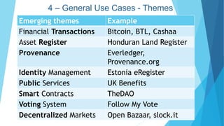 4 – General Use Cases - Themes
Emerging themes Example
Financial Transactions Bitcoin, BTL, Cashaa
Asset Register Honduran Land Register
Provenance Everledger,
Provenance.org
Identity Management Estonia eRegister
Public Services UK Benefits
Smart Contracts TheDAO
Voting System Follow My Vote
Decentralized Markets Open Bazaar, slock.it
 