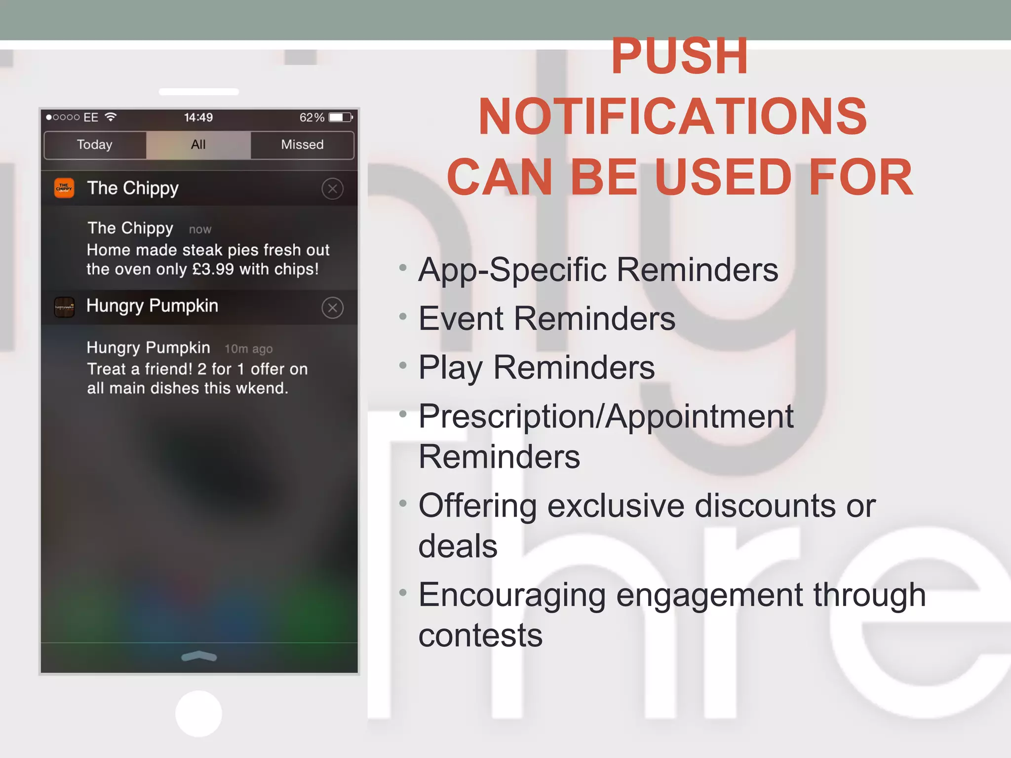 PUSH
NOTIFICATIONS
CAN BE USED FOR
• App-Specific Reminders
• Event Reminders
• Play Reminders
• Prescription/Appointment
Reminders
• Offering exclusive discounts or
deals
• Encouraging engagement through
contests
 