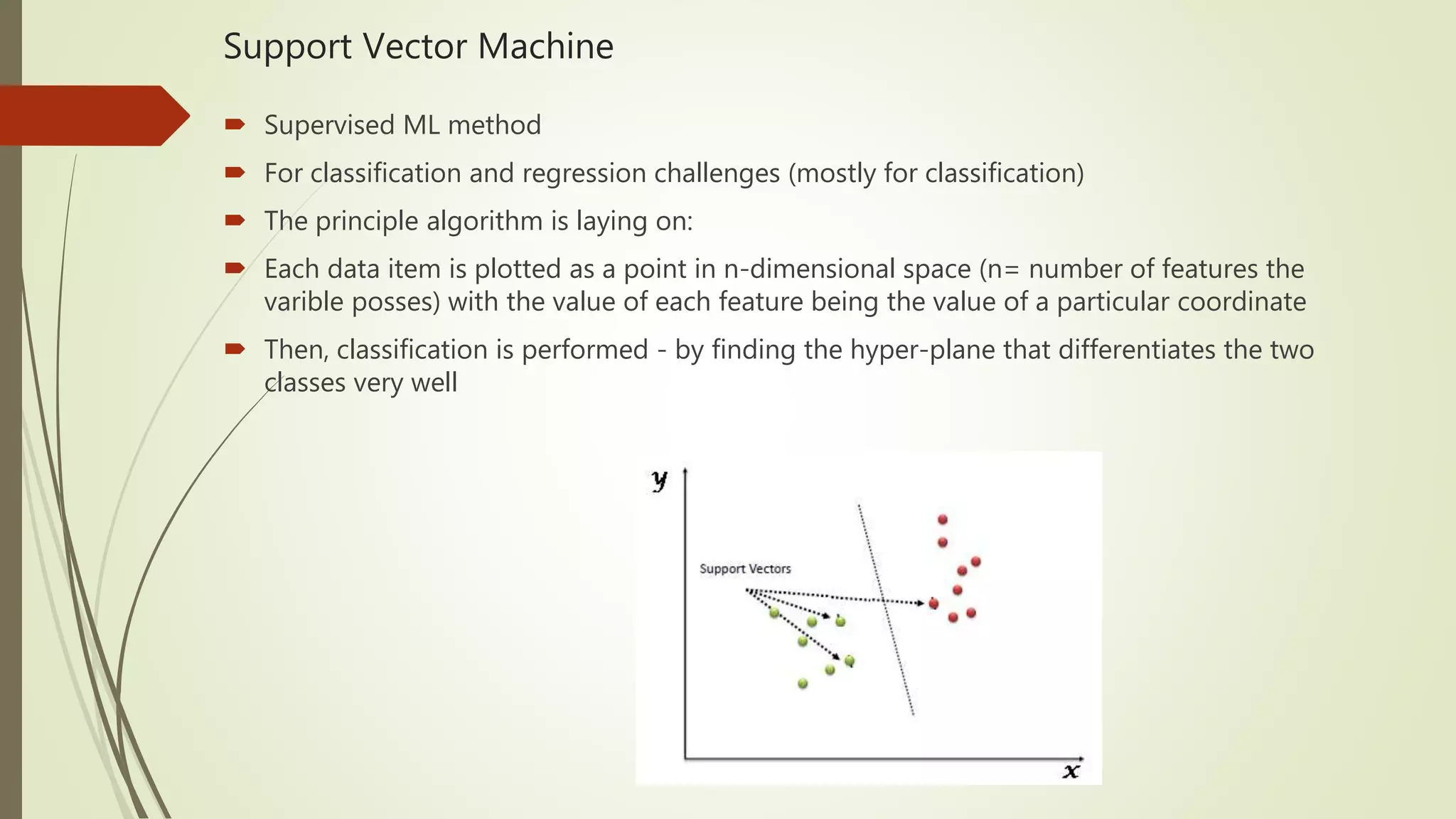 Support Vector Machine  Supervised ML method  For classification and regression challenges (mostly for classification)  The principle algorithm is laying on:  Each data item is plotted as a point in n-dimensional space (n= number of features the varible posses) with the value of each feature being the value of a particular coordinate  Then, classification is performed - by finding the hyper-plane that differentiates the two classes very well 
