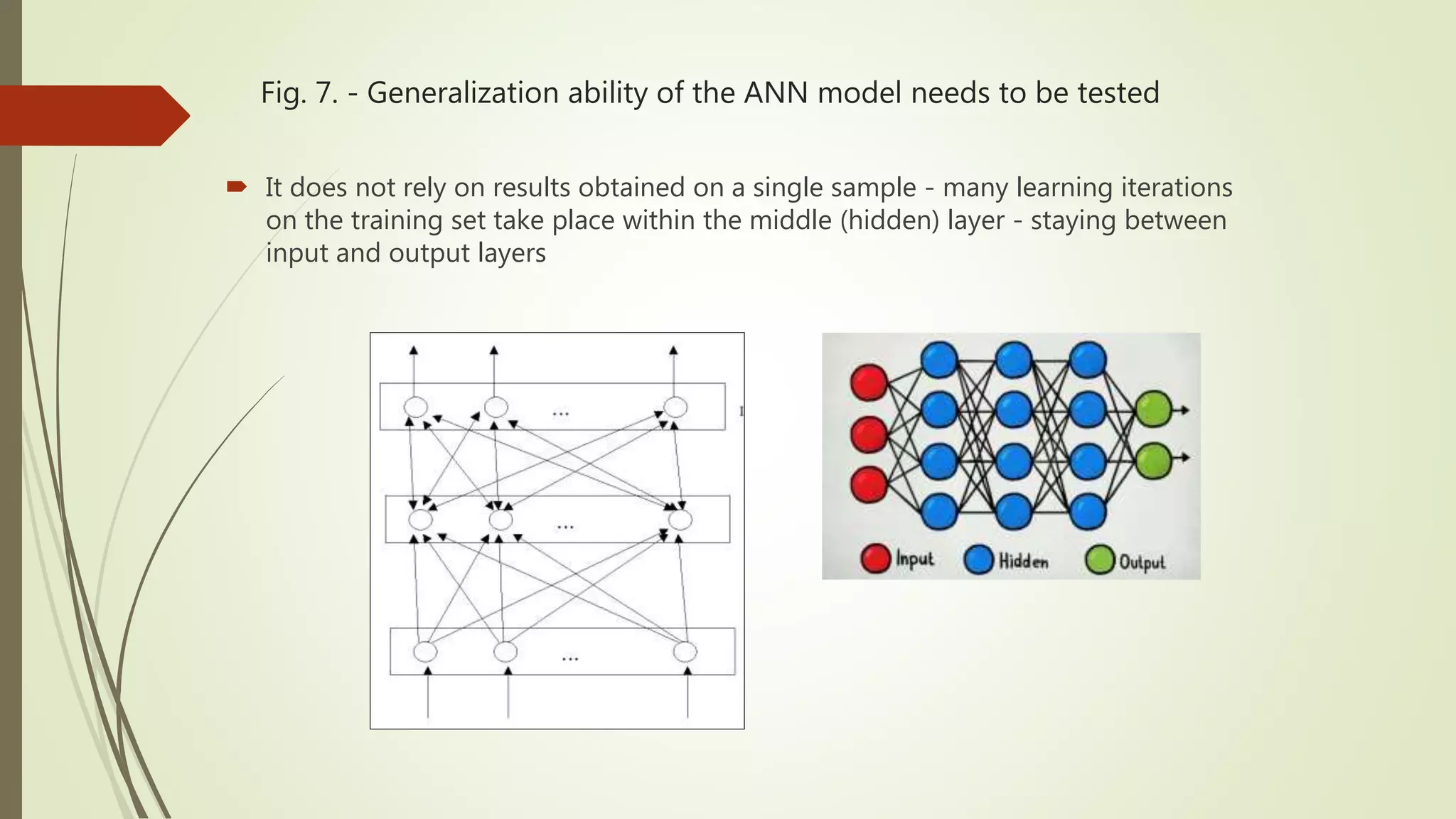 Fig. 7. - Generalization ability of the ANN model needs to be tested  It does not rely on results obtained on a single sample - many learning iterations on the training set take place within the middle (hidden) layer - staying between input and output layers 