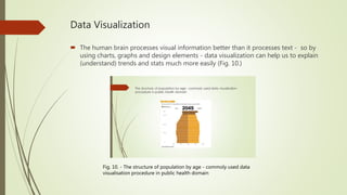 Data Visualization
 The human brain processes visual information better than it processes text - so by
using charts, graphs and design elements - data visualization can help us to explain
(understand) trends and stats much more easily (Fig. 10.)
Fig. 10. - The structure of population by age - commoly used data
visualisation procedure in public health domain
 