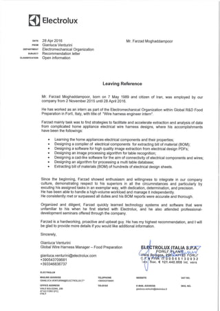 Recommendation Letter from Electrolux