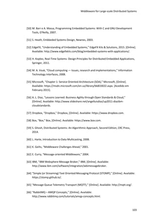 Middleware for Large-scale Distributed Systems
103
[50] M. Barr e A. Massa, Programming Embedded Systems: With C and GNU Development
Tools, O'Reilly, 2007.
[51] S. Heath, Embbeded Systems Design, Newnes, 2003.
[52] EdgeFX, “Understanding of Embedded Systems,” EdgeFX Kits & Solutions, 2015. [Online].
Available: http://www.edgefxkits.com/blog/embedded-systems-with-applications/.
[53] H. Koptez, Real-Time Systems: Design Principles for Distributed Embedded Applications,
Springer, 2011.
[54] M. A. Vouk, “Cloud computing — Issues, research and implementations,” Information
Technology Interfaces, 2008.
[55] Microsoft, “Chapter 1: Service Oriented Architecture (SOA),” Microsoft, [Online].
Available: https://msdn.microsoft.com/en-us/library/bb833022.aspx. [Acedido em
February 2015].
[56] A. L. Diaz, “Lessons Learned: Business Agility through Open Standards & Cloud,”
[Online]. Available: http://www.slideshare.net/angelluisdiaz/up2011-diazibm-
cloudstandards.
[57] Dropbox, “Dropbox,” Dropbox, [Online]. Available: https://www.dropbox.com.
[58] Box, “Box,” Box, [Online]. Available: https://www.box.com.
[59] S. Ghosh, Distributed Systems: An Algorithmic Approach, Second Edition, CRC Press,
2014.
[60] L. Harte, Introduction to Data Multicasting, 2008.
[61] K. Geihs, “Middleware Challenges Ahead,” 2001.
[62] E. Curry, “Message-oriented Middleware,” 2004.
[63] IBM, “IBM Websphere Message Broker,” IBM, [Online]. Available:
http://www.ibm.com/software/integration/wbimessagebroker.
[64] “Simple (or Streaming) Text Oriented Messaging Protocol (STOMP),” [Online]. Available:
https://stomp.github.io/.
[65] “Message Queue Telemetry Transport (MQTT),” [Online]. Available: http://mqtt.org/.
[66] “RabbitMQ – AMQP Concepts,” [Online]. Available:
http://www.rabbitmq.com/tutorials/amqp-concepts.html.
 