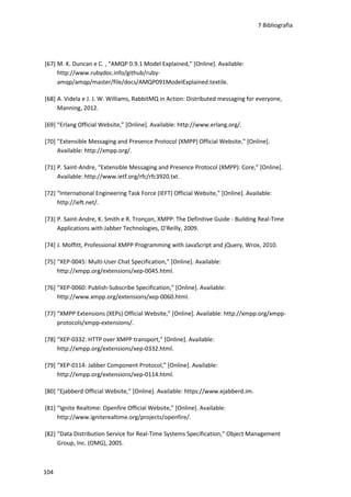 7 Bibliografia
104
[67] M. K. Duncan e C. , “AMQP 0.9.1 Model Explained,” [Online]. Available:
http://www.rubydoc.info/github/ruby-
amqp/amqp/master/file/docs/AMQP091ModelExplained.textile.
[68] A. Videla e J. J. W. Williams, RabbitMQ in Action: Distributed messaging for everyone,
Manning, 2012.
[69] “Erlang Official Website,” [Online]. Available: http://www.erlang.org/.
[70] “Extensible Messaging and Presence Protocol (XMPP) Official Website,” [Online].
Available: http://xmpp.org/.
[71] P. Saint-Andre, “Extensible Messaging and Presence Protocol (XMPP): Core,” [Online].
Available: http://www.ietf.org/rfc/rfc3920.txt.
[72] “International Engineering Task Force (IEFT) Official Website,” [Online]. Available:
http://ieft.net/.
[73] P. Saint-Andre, K. Smith e R. Tronçon, XMPP: The Definitive Guide - Building Real-Time
Applications with Jabber Technologies, O'Reilly, 2009.
[74] J. Moffitt, Professional XMPP Programming with JavaScript and jQuery, Wrox, 2010.
[75] “XEP-0045: Multi-User Chat Specification,” [Online]. Available:
http://xmpp.org/extensions/xep-0045.html.
[76] “XEP-0060: Publish-Subscribe Specification,” [Online]. Available:
http://www.xmpp.org/extensions/xep-0060.html.
[77] “XMPP Extensions (XEPs) Official Website,” [Online]. Available: http://xmpp.org/xmpp-
protocols/xmpp-extensions/.
[78] “XEP-0332: HTTP over XMPP transport,” [Online]. Available:
http://xmpp.org/extensions/xep-0332.html.
[79] “XEP-0114: Jabber Component Protocol,” [Online]. Available:
http://xmpp.org/extensions/xep-0114.html.
[80] “Ejabberd Official Website,” [Online]. Available: https://www.ejabberd.im.
[81] “Ignite Realtime: Openfire Official Website,” [Online]. Available:
http://www.igniterealtime.org/projects/openfire/.
[82] “Data Distribution Service for Real-Time Systems Specification,” Object Management
Group, Inc. (OMG), 2005.
 