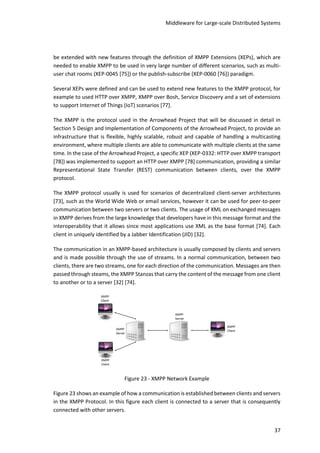 Middleware for Large-scale Distributed Systems
37
be extended with new features through the definition of XMPP Extensions (XEPs), which are
needed to enable XMPP to be used in very large number of different scenarios, such as multi-
user chat rooms (XEP-0045 [75]) or the publish-subscribe (XEP-0060 [76]) paradigm.
Several XEPs were defined and can be used to extend new features to the XMPP protocol, for
example to used HTTP over XMPP, XMPP over Bosh, Service Discovery and a set of extensions
to support Internet of Things (IoT) scenarios [77].
The XMPP is the protocol used in the Arrowhead Project that will be discussed in detail in
Section 5 Design and Implementation of Components of the Arrowhead Project, to provide an
infrastructure that is flexible, highly scalable, robust and capable of handling a multicasting
environment, where multiple clients are able to communicate with multiple clients at the same
time. In the case of the Arrowhead Project, a specific XEP (XEP-0332: HTTP over XMPP transport
[78]) was implemented to support an HTTP over XMPP [78] communication, providing a similar
Representational State Transfer (REST) communication between clients, over the XMPP
protocol.
The XMPP protocol usually is used for scenarios of decentralized client-server architectures
[73], such as the World Wide Web or email services, however it can be used for peer-to-peer
communication between two servers or two clients. The usage of XML on exchanged messages
in XMPP derives from the large knowledge that developers have in this message format and the
interoperability that it allows since most applications use XML as the base format [74]. Each
client in uniquely identified by a Jabber Identification (JID) [32].
The communication in an XMPP-based architecture is usually composed by clients and servers
and is made possible through the use of streams. In a normal communication, between two
clients, there are two streams, one for each direction of the communication. Messages are then
passed through steams, the XMPP Stanzas that carry the content of the message from one client
to another or to a server [32] [74].
Figure 23 - XMPP Network Example
Figure 23 shows an example of how a communication is established between clients and servers
in the XMPP Protocol. In this figure each client is connected to a server that is consequently
connected with other servers.
 