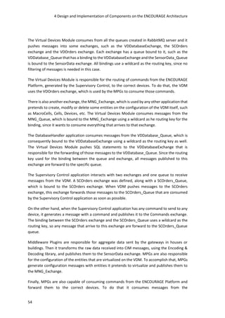 4 Design and Implementation of Components on the ENCOURAGE Architecture
54
The Virtual Devices Module consumes from all the queues created in RabbitMQ server and it
pushes messages into some exchanges, such as the VDDatabaseExchange, the SCOrders
exchange and the VDOrders exchange. Each exchange has a queue bound to it, such as the
VDDatabase_Queue that has a binding to the VDDatabaseExchange and the SensorData_Queue
is bound to the SensorData exchange. All bindings use a wildcard as the routing key, since no
filtering of messages is needed in this case.
The Virtual Devices Module is responsible for the routing of commands from the ENCOURAGE
Platform, generated by the Supervisory Control, to the correct devices. To do that, the VDM
uses the VDOrders exchange, which is used by the MPGs to consume those commands.
There is also another exchange, the MNG_Exchange, which is used by any other application that
pretends to create, modify or delete some entities on the configuration of the VDM itself, such
as MacroCells, Cells, Devices, etc. The Virtual Devices Module consumes messages from the
MNG_Queue, which is bound to the MNG_Exchange using a wildcard as he routing key for the
binding, since it wants to consume everything that arrives to that exchange.
The DatabaseHandler application consumes messages from the VDDatabase_Queue, which is
consequently bound to the VDDatabaseExchange using a wildcard as the routing key as well.
The Virtual Devices Module pushes SQL statements to the VDDatabaseExchange that is
responsible for the forwarding of those messages to the VDDatabase_Queue. Since the routing
key used for the binding between the queue and exchange, all messages published to this
exchange are forward to the specific queue.
The Supervisory Control application interacts with two exchanges and one queue to receive
messages from the VDM. A SCOrders exchange was defined, along with a SCOrders_Queue,
which is bound to the SCOrders exchange. When VDM pushes messages to the SCOrders
exchange, this exchange forwards those messages to the SCOrders_Queue that are consumed
by the Supervisory Control application as soon as possible.
On the other hand, when the Supervisory Control application has any command to send to any
device, it generates a message with a command and publishes it to the Commands exchange.
The binding between the SCOrders exchange and the SCOrders_Queue uses a wildcard as the
routing key, so any message that arrive to this exchange are forward to the SCOrders_Queue
queue.
Middleware Plugins are responsible for aggregate data sent by the gateways in houses or
buildings. Then it transforms the raw data received into CIM messages, using the Encoding &
Decoding library, and publishes them to the SensorData exchange. MPGs are also responsible
for the configuration of the entities that are virtualized on the VDM. To accomplish that, MPGs
generate configuration messages with entities it pretends to virtualize and publishes them to
the MNG_Exchange.
Finally, MPGs are also capable of consuming commands from the ENCOURAGE Platform and
forward them to the correct devices. To do that it consumes messages from the
 