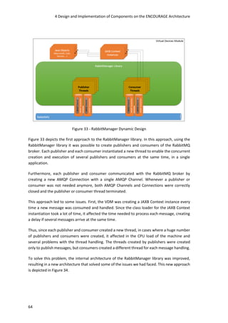 4 Design and Implementation of Components on the ENCOURAGE Architecture
64
Figure 33 - RabbitManager Dynamic Design
Figure 33 depicts the first approach to the RabbitManager library. In this approach, using the
RabbitManager library it was possible to create publishers and consumers of the RabbitMQ
broker. Each publisher and each consumer instantiated a new thread to enable the concurrent
creation and execution of several publishers and consumers at the same time, in a single
application.
Furthermore, each publisher and consumer communicated with the RabbitMQ broker by
creating a new AMQP Connection with a single AMQP Channel. Whenever a publisher or
consumer was not needed anymore, both AMQP Channels and Connections were correctly
closed and the publisher or consumer thread terminated.
This approach led to some issues. First, the VDM was creating a JAXB Context instance every
time a new message was consumed and handled. Since the class loader for the JAXB Context
instantiation took a lot of time, it affected the time needed to process each message, creating
a delay if several messages arrive at the same time.
Thus, since each publisher and consumer created a new thread, in cases where a huge number
of publishers and consumers were created, it affected in the CPU load of the machine and
several problems with the thread handling. The threads created by publishers were created
only to publish messages, but consumers created a different thread for each message handling.
To solve this problem, the internal architecture of the RabbitManager library was improved,
resulting in a new architecture that solved some of the issues we had faced. This new approach
is depicted in Figure 34.
 