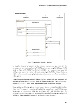 Middleware for Large-scale Distributed Systems
81
Figure 45 - Aggregator Sequence Diagram
A flex-offer request is created by the FlexOfferManager and sent to the
AggregatorManager through an XMPP-REST based interface, using JAX-RS library. JAX-RS
stands for “Java API for RESTful Web Services”. JAX-RS is a Java programming language API
which provides support for creating web services according to the REST architectural pattern,
and its provides annotations to simplify the development and deployment of web service clients
and endpoints.
A flex-offer request message consists of an XMPP IQ stanza, which is used as an envelope to the
message containing an HTTPRequest object as payload of the stanza. The HTTPRequest
contains a FlexOffer object inside. The FlexOfferManager creates these messages.
The Virtual Market of Energy replies to the AggregatorManager through the REST interface
of the latter. The answer is a set of flex-offer schedules, encoded into a new XMPP IQ stanza
containing a HTTPResponse object and based on a XMPP-REST interface. When the
AggregatorManager receives the schedules, it is responsible for disaggregating them and
sending the disaggregated schedules to the correct FlexOfferManager.
 