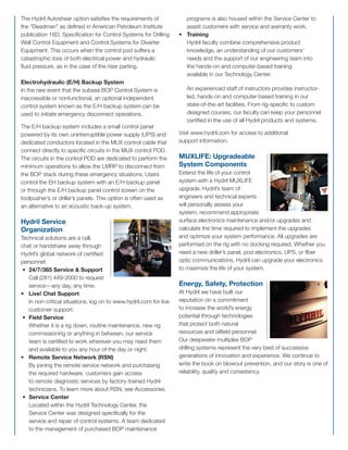 DeepwaterDrillingSystem
ReliabletotheExtremes
DeepwaterDrillingSystem
ReliabletotheExtremes
Runs for an entire year
with zero downtime
A Hydril stack has stayed on the
seabed for 364 days, with the
stack pulled just once to escape a
hurricane. While such performance
is exceptional, it’s hardly unique for
Hydril. Our standard design can
provide one year of operation with zero downtime:
• All subsea components certiﬁed for an operational
depth of 12,500 ft.
• Mechanical and electrical components designed for
20-year design life.
• Designed and manufactured in accordance with API
16A, D, E, NFPA 70 (NEC), NFPA 496, ISO and more.
Time saving modular
design
From factory acceptance
testing (FAT) to installation and
commissioning, Hydril’s true
modular design optimizes time
upfront and minimizes downtime
throughout the life of the system.
Additional beneﬁts include:
• Greater commonality between systems.
• Easier troubleshooting: Quickly narrow down failure to a
single module.
• More efﬁcient maintenance, part replacement,
manufacturing and delivery.
Hydril Deepwater Drilling System
Reliable to the Extremes
Hydril: A Deep Commitment to Blowout Prevention
The annular blowout preventer. The ﬁrst hydraulically operated blowout preventer (BOP), and a history of record-
setting and market-changing technologies that reaches back to 1933. At Hydril, we work to increase the world’s
energy potential, and we do so by designing, manufacturing and marketing the tools and technologies that
protect both the environment and oilﬁeld personnel.
Wherever drilling meets high pressure, high temperature (HPHT) extremes, the biggest names in the business rely
on Hydril Pressure Control. Our shallow-to-medium depth, piloted subsea systems and high-quality surface BOP
control units make easy work of demanding applications in extreme environments. And in the critical deepwater
environment, the Hydril Deepwater Multiplex (MUX) BOP Control System repeatedly sets benchmarks for reliability
and time spent on bottom.
Count on Hydril to continuously redeﬁne reliability, with best-performing, world-class, industry-leading systems.
Pushing the Limits
Reliable BOP technology combined with advanced hydraulic circuit design, state of the art hardware and software
design, robust materials and complete lifecycle support ranks Hydril systems among the most technically superior
deepwater drilling systems in the world. Our current system can be conﬁgured to reach 12,500 ft below sea level,
but we won’t stop there. Look to future Hydril technologies to push both HPHT and water depth capabilities.
A never-satisﬁed position on technological advances combined with a commitment to quality, performance and
excellence has made Hydril synonymous with world class blowout prevention.
Works easily with a broad
range of equipment
Hydril systems are as ﬂexible as
they are durable. Our commitment
to open architecture means we
can adapt the Hydril MUX BOP
control system to manage multiple
stack conﬁgurations and interface
with other shipboard computer systems, including DP
systems, installation and workover interfaces, tree-handling
systems and more.
Battle-tested and
universally certiﬁed
software
More than 50 man-years have
gone into developing the full life
cycle of our software. Hydril meets
the certiﬁcation and compliance
guidelines for every applicable
international standard.
Full lifecycle reliability
studies and testing
Extensive system tests subject
all components to real-world
work environments—those
environmental extremes
encountered by our
customers—including:
• Subsea Electronic Module (SEM) Electronics: Vibration
and shock subsea and extreme temperature testing on
the deck.
• All electronics assemblies and major components are
extreme temperature rated.
• Pod SPM valves, shear seal pilot valves and regulators:
Life cycle testing performed.
• All pod components: Tested at 5,600-psi external
pressure at ambient and low temperatures.
Integrated testing of the
complete control system
before shipment
We can conduct complete end-
to-end testing of the stack, pods
and MUX control system in our
deepwater assembly building. In
our control system test lab we can
load any system’s software and troubleshoot issues that are
occurring in the ﬁeld, shortening downtime and providing as
close to a real world working environment as possible.
Real time diagnostic and
monitoring capabilities
Vital information is at your ﬁngertips
with these system displays:
• Event Screen: View a
sequence of events without
ever having to access a
database or archival system. All
digital events including commands, solenoid states and
pressure switches are displayed in real time on the
event screen.
• Active Alarms Screen: Continuously maintain
observance of any system issues. The active alarms
screen displays all active alarms in real time.
• Alarm Log Screen: View in real time the conditions that
caused an alarm to become active or inactive without
accessing a database or archival system.
• Network Topology Screen: View in real time a status
display of processor, disk and memory utilization for
all system nodes—those separate processors that
exist on a network—and the network interface status for
each network on all nodes. Examples of nodes include
six (6) in the CCU (two (2) system controller, two (2)
communication controller, and two (2) utility
processors), two (2) in the driller’s panel, two (2) in the
tool pusher’s panel, the HPU and the diverter.
• System Conﬁguration Screen: View the online/ofﬂine
status of all system nodes and all Hydril applications, as
well as whether the applications are operating in primary,
secondary or backup role. Also view the communication,
master/slave and online/ofﬂine status of all SEMS.
Unparalleled safety
features
While each control system includes
many features designed to
maximize uptime, two independent
options can also be added to
increase operations safety under
speciﬁc emergency conditions:
Hydril Autoshear
The Hydril autoshear option adds valves to the MUX control
pod and BOP stack, creating a hydraulic circuit that, once
activated, performs automatic well shut-in under emergency
conditions. In the armed state, the autoshear feature initiates
when pilot pressure is removed from the hydraulic autoshear
valve on the stack, as in the unplanned disconnect of the
Lower Marine Riser Package (LMRP) from the BOP stack.
Hydraulic ﬂuid from the stack mounted accumulators passes
through the open valve to the close ports on the BOP,
activating the blind shear rams to protect the well bore.
The Hydril Autoshear option satisﬁes the requirements of
the “Deadman” as deﬁned in American Petroleum Institute
publication 16D, Speciﬁcation for Control Systems for Drilling
Well Control Equipment and Control Systems for Diverter
Equipment. This occurs when the control pod suffers a
catastrophic loss of both electrical power and hydraulic
ﬂuid pressure, as in the case of the riser parting.
Electrohydraulic (E/H) Backup System
In the rare event that the subsea BOP Control System is
inaccessible or nonfunctional, an optional independent
control system known as the E/H backup system can be
used to initiate emergency disconnect operations.
The E/H backup system includes a small control panel
powered by its own uninterruptible power supply (UPS) and
dedicated conductors located in the MUX control cable that
connect directly to speciﬁc circuits in the MUX control POD.
The circuits in the control POD are dedicated to perform the
minimum operations to allow the LMRP to disconnect from
the BOP stack during these emergency situations. Users
control the EH backup system with an E/H backup panel
or through the E/H backup panel control screen on the
toolpusher’s or driller’s panels. This option is often used as
an alternative to an acoustic back-up system.
Hydril Service
Organization
Technical solutions are a call,
chat or handshake away through
Hydril’s global network of certiﬁed
personnel:
• 24/7/365 Service & Support
Call (281) 449-2000 to request
service—any day, any time.
• Live! Chat Support
In non-critical situations, log on to www.hydril.com for live
customer support.
• Field Service
Whether it is a rig down, routine maintenance, new rig
commissioning or anything in between, our service
team is certiﬁed to work wherever you may need them
and available to you any hour of the day or night.
• Remote Service Network (RSN)
By joining the remote service network and purchasing
the required hardware, customers gain access
to remote diagnostic services by factory-trained Hydril
technicians. To learn more about RSN, see Accessories.
• Service Center
Located within the Hydril Technology Center, the
Service Center was designed speciﬁcally for the
service and repair of control systems. A team dedicated
to the management of purchased BOP maintenance
programs is also housed within the Service Center to
assist customers with service and warranty work.
• Training
Hydril faculty combine comprehensive product
knowledge, an understanding of our customers’
needs and the support of our engineering team into
the hands-on and computer-based training
available in our Technology Center.
An experienced staff of instructors provides instructor-
led, hands-on and computer-based training in our
state-of-the-art facilities. From rig-speciﬁc to custom
designed courses, our faculty can keep your personnel
certiﬁed in the use of all Hydril products and systems.
Visit www.hydril.com for access to additional
support information.
MUXLIFE: Upgradeable
System Components
Extend the life of your control
system with a Hydril MUXLIFE
upgrade. Hydril’s team of
engineers and technical experts
will personally assess your
system, recommend appropriate
surface electronics maintenance and/or upgrades and
calculate the time required to implement the upgrades
and optimize your system performance. All upgrades are
performed on the rig with no docking required. Whether you
need a new driller’s panel, pod electronics, UPS, or ﬁber
optic communications, Hydril can upgrade your electronics
to maximize the life of your system.
Energy, Safety, Protection
At Hydril we have built our
reputation on a commitment
to increase the world’s energy
potential through technologies
that protect both natural
resources and oilﬁeld personnel.
Our deepwater multiplex BOP
drilling systems represent the very best of successive
generations of innovation and experience. We continue to
write the book on blowout prevention, and our story is one of
reliability, quality and consistency.
Hydril System Features and Beneﬁts
Hydril pressure control equipment typically stays on the job for decades. Why? Read on.
HydrilPressureControl
3300N.SamHoustonPkwy.E.
Houston,Texas77032-3411
PHONE:281.449.2000
FAX:281.985.3480
www.hydril.com
®2008HydrilPressureControl
 