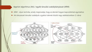 Appriori algoritmus (AA) / egyéb társulási szabálybányászat (ARM)
 ARM - olyan technika, amely megmutatja, hogy az elemek hogyan kapcsolódnak egymáshoz
 AA-bányászati társulási szabályok a gyakori elemek között nagy adatbázisokban (3. ábra)
 