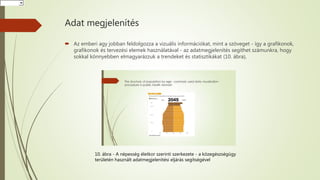 Adat megjelenítés
 Az emberi agy jobban feldolgozza a vizuális információkat, mint a szöveget - így a grafikonok,
grafikonok és tervezési elemek használatával - az adatmegjelenítés segíthet számunkra, hogy
sokkal könnyebben elmagyarázzuk a trendeket és statisztikákat (10. ábra),
10. ábra - A népesség életkor szerinti szerkezete - a közegészségügy
területén használt adatmegjelenítési eljárás segítségével
HorvátHorvátHorvát
 
