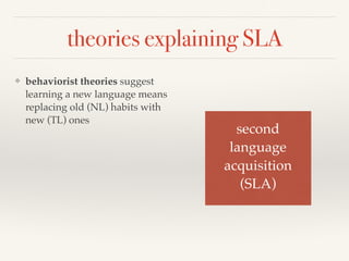 theories explaining SLA 
❖ behaviorist theories suggest 
learning a new language means 
replacing old (NL) habits with 
new (TL) ones 
second ! 
language! 
acquisition! 
(SLA) 
 