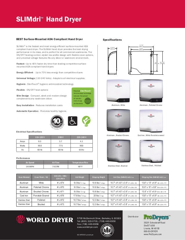 World Dryer SlimDri Spec Sheet and Sell Sheet