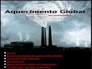 Causas:
Aumento da emissão dos gases do Efeito Estufa;
Queima de matas e florestas;
Desmatamento;
Desenvolvimento urbano sem planejamento;
Desertificação ( formação de desertos).
 