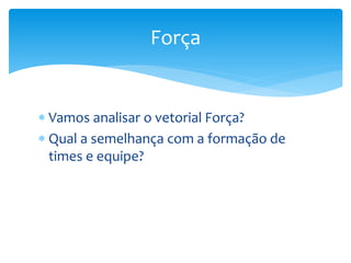 Força
 Vamos analisar o vetorial Força?
 Qual a semelhança com a formação de
times e equipe?
 