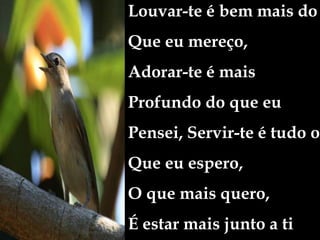 Louvar-te é bem mais do
Que eu mereço,
Adorar-te é mais
Profundo do que eu
Pensei, Servir-te é tudo o
Que eu espero,
O que mais quero,
É estar mais junto a ti
 