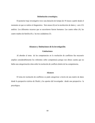 64
Delimitación cronológica.
El posterior trajo investigativo tuvo una duración de tiempo de 18 meses a partir desde el
momento en que se realizo el diagnostico. Seis meses (6) en la recolección de datos y seis (12)
análisis. Los diferentes recursos que se necesitaron fueron humanos: Las cuatro niñas (4), las
cuatro madres de familia (4) y las tres cuidadoras (3).
Alcances y limitaciones de la investigación.
Limitaciones
Al abordar el tema de las competencias en la resolución de conflictos fue necesario
ampliar considerablemente los referentes sobre competencia porque nos dimos cuenta que no
había una categorización clara sobre la resolución de conflicto dentro de las competencias.
Alcances
El tema de resolución de conflictos se pudo categorizar a través de una matriz de datos
desde la perspectiva teórica de Sluzki y los aportes del investigador desde una perspectiva la
psicológica.
 
