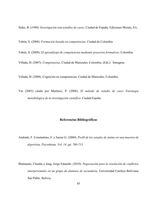97
Stake, R. (1999). Investigación con estudios de casos. Ciudad de España: Ediciones Morata, S.L.
Tobón, S. (2008). Formación basada en competencias. Ciudad de Colombia.
Tobón, S. (2009). El aprendizaje de competencias mediante proyectos formativos. Colombia.
Villada, D. (2007). Competencias, Ciudad de Manizales. Colombia. (Eds.). Sintagma.
Villada, D. (2008). Cognición en competencias, Ciudad de Manizales. Colombia.
Yin (2003) citado por Martínez, P. (2006). El método de estudio de caso: Estrategia
metodológica de la investigación científica. Ciudad España.
Referencias Bibliográficas
Andrade, F. Constantino, F. y Saone G. (2000). Perfil de los estados de ánimo en una muestra de
deportista. Psicothema. Vol. 14 pp. 708-713.
Blattmann, Claudia y Jung, Jorge Eduardo. (2010). Negociación para la resolución de conflictos
interpersonales en un grupo de alumnos de secundaria. Universidad Católica Boliviana
San Pablo. Bolivia.
 
