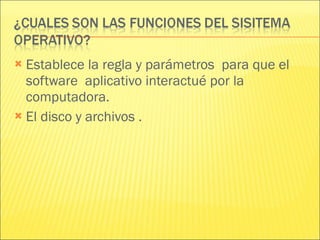 Establece la regla y parámetros  para que el software  aplicativo interactué por la computadora. El disco y archivos . 