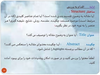 ادامه اقدام به بررس 
: Structure ساختار 
آیاااا مقالاااه باااه وضاااو قسااایم بنااادی اااده اسااات؟ آیاااا اااام عناصااار کلیااادی )تاااه در آن 
مااااار بط اسااااات( موعاااااود هساااااتند: چکیااااده، مقدمااااه، روش، نتااااایه، نتیسااااه گیااااری؟ هاااار 
عن ر را به نوبه خود در نگر بگیرید: 
14 
آیا عنوان به وضو مقاله را وصیف می تند؟ : Title عنوان 
آیااااااا چکیااااااده محتااااااوای مقالااااااه را ماااااانعکا ماااااای تنااااااد؟ : Abstract چکیااااااده 
را امل ود، highlights ته در آن م الب برعسته ◦ 
محتوا را بررس تنید و در صورت امکاان پ شانهادات خاود را بارای به 
ه 
ل ا باود آمااده 
تنید. 
 