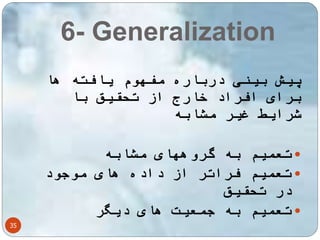 6- Generalization 
35 
پیش بینی درباره مفهوم یافته ها 
برای افراد خارج از تحقیق با 
شرایط غیر مشابه 
تعمیم به گروههای مشابه  
تعمیم فراتر از داده های موجود  
در تحقیق 
تعمیم به جمعیت های دیگر  
 