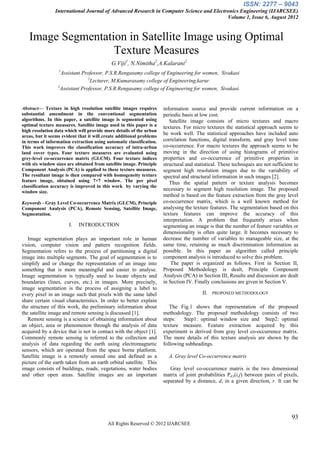 ISSN: 2277 – 9043
                International Journal of Advanced Research in Computer Science and Electronics Engineering (IJARCSEE)
                                                                                         Volume 1, Issue 6, August 2012


   Image Segmentation in Satellite Image using Optimal
                   Texture Measures
                                            G.Viji1, N.Nimitha2,A.Kalarani2
                  1
                   Assistant Professor, P.S.R.Rengasamy college of Engineering for women, Sivakasi
                                2
                                  Lecturer, M.Kumarasamy college of Engineering,karur.
                 2
                   Assistant Professor, P.S.R.Rengasamy college of Engineering for women, Sivakasi.


Abstract— Texture in high resolution satellite images requires        information source and provide current information on a
substantial amendment in the conventional segmentation                periodic basis at low cost.
algorithms. In this paper, a satellite image is segmented using          Satellite image consists of micro textures and macro
optimal texture measures. Satellite image used in this paper is a     textures. For micro textures the statistical approach seems to
high resolution data which will provide more details of the urban
areas, but it seems evident that it will create additional problems
                                                                      be work well. The statistical approaches have included auto
in terms of information extraction using automatic classification.    correlation functions, digital transform, and gray level tone
This work improves the classification accuracy of intra-urban         co-occurrence. For macro textures the approach seems to be
land cover types. Four texture measures are evaluated using           moving in the direction of using histograms of primitive
grey-level co-occurrence matrix (GLCM). Four texture indices          properties and co-occurrence of primitive properties in
with six window sizes are obtained from satellite image. Principle    structural and statistical. These techniques are not sufficient to
Component Analysis (PCA) is applied to these texture measures.        segment high resolution images due to the variability of
The resultant image is then compared with homogeneity texture         spectral and structural information in such images [2].
feature image, obtained using 7×7 window. The per pixel                  Thus the spatial pattern or texture analysis becomes
classification accuracy is improved in this work by varying the
window size.
                                                                      necessary to segment high resolution image. The proposed
                                                                      method is based on the feature extraction from the gray level
Keywords - Gray Level Co-occurrence Matrix (GLCM), Principle          co-occurrence matrix, which is a well known method for
Component Analysis (PCA), Remote Sensing, Satellite Image,            analysing the texture features. The segmentation based on this
Segmentation.                                                         texture features can improve the accuracy of this
                                                                      interpretation. A problem that frequently arises when
                       I.   INTRODUCTION                              segmenting an image is that the number of feature variables or
                                                                      dimensionality is often quite large. It becomes necessary to
   Image segmentation plays an important role in human                decrease the number of variables to manageable size, at the
vision, computer vision and pattern recognition fields.               same time, retaining as much discrimination information as
Segmentation refers to the process of partitioning a digital          possible. In this paper an algorithm called principle
image into multiple segments. The goal of segmentation is to          component analysis is introduced to solve this problem.
simplify and or change the representation of an image into                The paper is organized as follows. First in Section II,
something that is more meaningful and easier to analyse.              Proposed Methodology is dealt, Principle Component
Image segmentation is typically used to locate objects and            Analysis (PCA) in Section III, Results and discussion are dealt
boundaries (lines, curves, etc.) in images. More precisely,           in Section IV. Finally conclusions are given in Section V.
image segmentation is the process of assigning a label to
every pixel in an image such that pixels with the same label                             II.   PROPOSED METHODOLOGY
share certain visual characteristics. In order to better explain
the structure of this work, the preliminary information about            The Fig.1 shows that representation of the proposed
the satellite image and remote sensing is discussed [1].              methodology. The proposed methodology consists of two
   Remote sensing is a science of obtaining information about         steps:   Step1: optimal window size and Step2: optimal
an object, area or phenomenon through the analysis of data            texture measure. Feature extraction acquired by this
acquired by a device that is not in contact with the object [1].      experiment is derived from gray level co-occurrence matrix.
Commonly remote sensing is referred to the collection and             The more details of this texture analysis are shown by the
analysis of data regarding the earth using electromagnetic            following subheadings.
sensors, which are operated from the space borne platform.
Satellite image is a remotely sensed one and defined as a               A. Gray level Co-occurrence matrix
picture of the earth taken from an earth orbital satellite. This
image consists of buildings, roads, vegetations, water bodies            Gray level co-occurrence matrix is the two dimensional
and other open areas. Satellite images are an important               matrix of joint probabilities Pd,r(i,j) between pairs of pixels,
                                                                      separated by a distance, d, in a given direction, r. It can be




                                                                                                                                    93
                                          All Rights Reserved © 2012 IJARCSEE
 