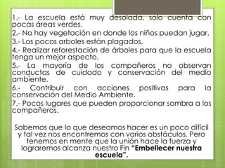 1.- La escuela está muy desolada, solo cuenta con
pocas áreas verdes.
2.- No hay vegetación en donde los niños puedan jugar.
3.- Los pocos arboles están plagados.
4.- Realizar reforestación de árboles para que la escuela
tenga un mejor aspecto.
5.- La mayoría de los compañeros no observan
conductas de cuidado y conservación del medio
ambiente.
6.- Contribuir con acciones positivas para la
conservación del Medio Ambiente.
7.- Pocos lugares que pueden proporcionar sombra a los
compañeros.

Sabemos que lo que deseamos hacer es un poco difícil
 y tal vez nos encontremos con varios obstáculos. Pero
    tenemos en mente que la unión hace la fuerza y
  lograremos alcanza nuestro Fin “Embellecer nuestra
                       escuela”.
 