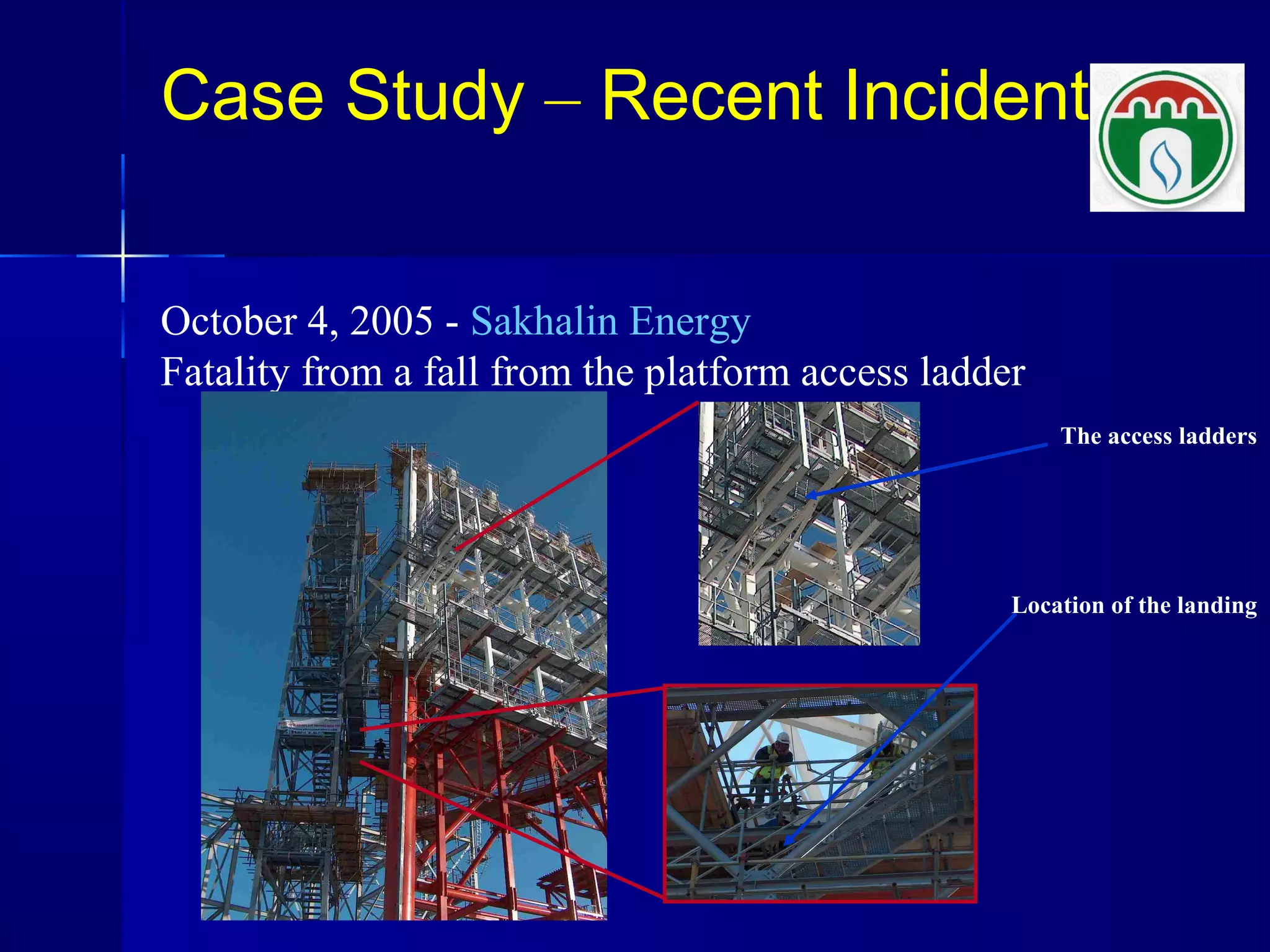 Case Study – Recent Incident
October 4, 2005 - Sakhalin Energy
Fatality from a fall from the platform access ladder
Location of the landing
The access ladders
 