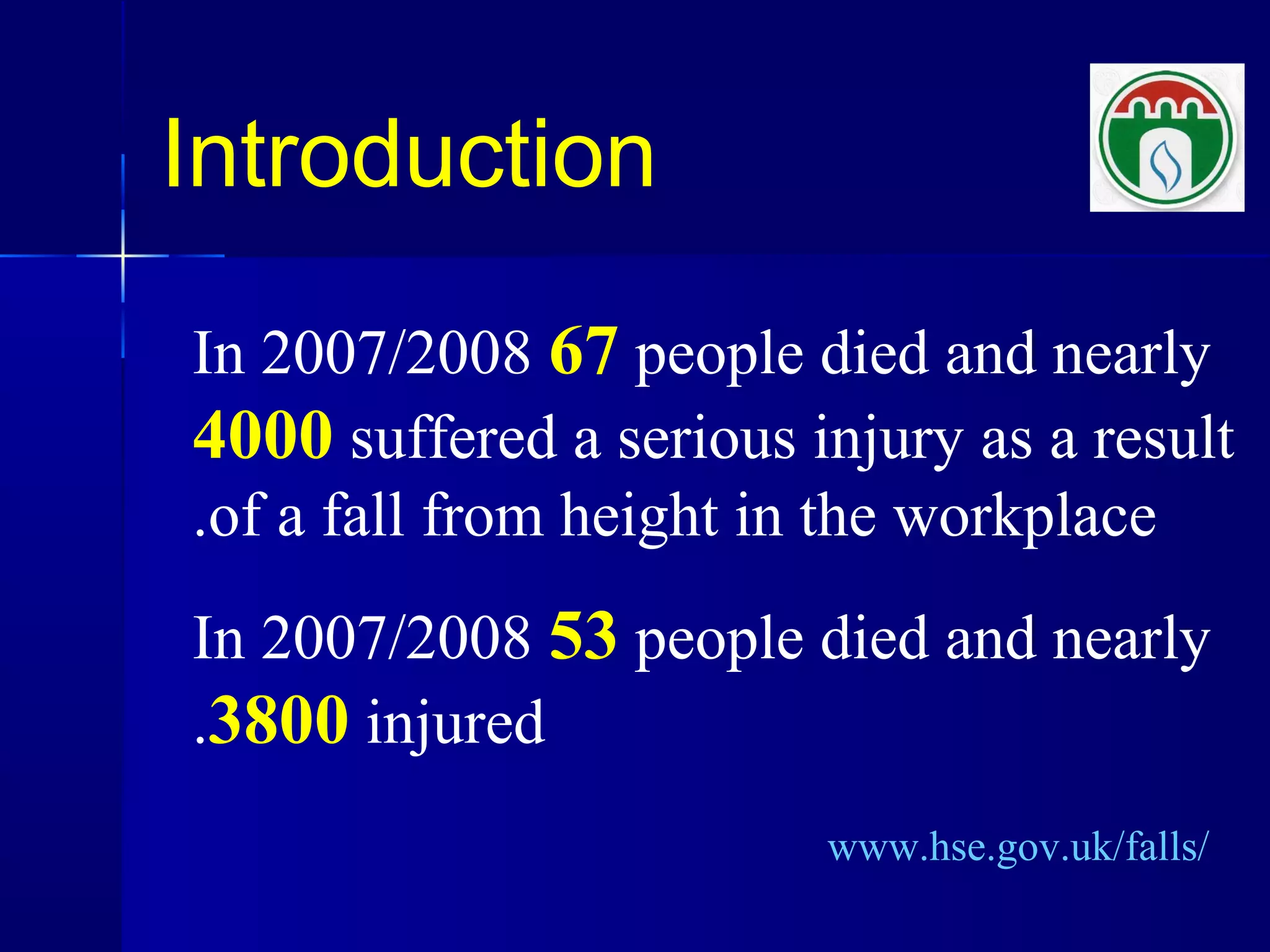 Introduction
In 2007/2008 67 people died and nearly
4000 suffered a serious injury as a result
of a fall from height in the workplace.
In 2007/2008 53 people died and nearly
3800 injured.
www.hse.gov.uk/falls/
 