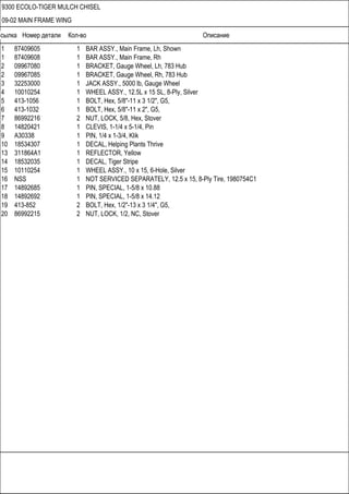 Ссылка Номер детали Кол-во Описание
9300 ECOLO-TIGER MULCH CHISEL
09-02 MAIN FRAME WING
1 87409605 1 BAR ASSY., Main Frame, Lh, Shown
1 87409608 1 BAR ASSY., Main Frame, Rh
2 09967080 1 BRACKET, Gauge Wheel, Lh, 783 Hub
2 09967085 1 BRACKET, Gauge Wheel, Rh, 783 Hub
3 32253000 1 JACK ASSY., 5000 lb, Gauge Wheel
4 10010254 1 WHEEL ASSY., 12.5L x 15 SL, 8-Ply, Silver
5 413-1056 1 BOLT, Hex, 5/8"-11 x 3 1/2", G5,
6 413-1032 1 BOLT, Hex, 5/8"-11 x 2", G5,
7 86992216 2 NUT, LOCK, 5/8, Hex, Stover
8 14820421 1 CLEVIS, 1-1/4 x 5-1/4, Pin
9 A30338 1 PIN, 1/4 x 1-3/4, Klik
10 18534307 1 DECAL, Helping Plants Thrive
13 311864A1 1 REFLECTOR, Yellow
14 18532035 1 DECAL, Tiger Stripe
15 10110254 1 WHEEL ASSY., 10 x 15, 6-Hole, Silver
16 NSS 1 NOT SERVICED SEPARATELY, 12.5 x 15, 8-Ply Tire, 1980754C1
17 14892685 1 PIN, SPECIAL, 1-5/8 x 10.88
18 14892692 1 PIN, SPECIAL, 1-5/8 x 14.12
19 413-852 2 BOLT, Hex, 1/2"-13 x 3 1/4", G5,
20 86992215 2 NUT, LOCK, 1/2, NC, Stover
 