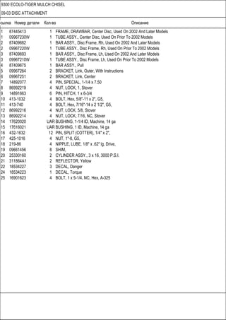 Ссылка Номер детали Кол-во Описание
9300 ECOLO-TIGER MULCH CHISEL
09-03 DISC ATTACHMENT
1 87445413 1 FRAME, DRAWBAR, Center Disc, Used On 2002 And Later Models
1 09967230W 1 TUBE ASSY., Center Disc, Used On Prior To 2002 Models
2 87409682 1 BAR ASSY., Disc Frame, Rh, Used On 2002 And Later Models
2 09967220W 1 TUBE ASSY., Disc Frame, Rh, Used On Prior To 2002 Models
3 87409693 1 BAR ASSY., Disc Frame, Lh, Used On 2002 And Later Models
3 09967210W 1 TUBE ASSY., Disc Frame, Lh, Used On Prior To 2002 Models
4 87409675 1 BAR ASSY., Pull
5 09967264 2 BRACKET, Link, Outer, With Instructions
6 09967251 2 BRACKET, Link, Center
7 14892077 4 PIN, SPECIAL, 1-1/4 x 7.50
8 86992219 4 NUT, LOCK, 1, Stover
9 14891663 6 PIN, HITCH, 1 x 6-3/4
10 413-1032 4 BOLT, Hex, 5/8"-11 x 2", G5,
11 413-740 4 BOLT, Hex, 7/16"-14 x 2 1/2", G5,
12 86992216 4 NUT, LOCK, 5/8, Stover
13 86992214 4 NUT, LOCK, 7/16, NC, Stover
14 17620020 UAR BUSHING, 1-1/4 ID, Machine, 14 ga
15 17616021 UAR BUSHING, 1 ID, Machine, 14 ga
16 432-1632 12 PIN, SPLIT (COTTER), 1/4" x 2",
17 425-1016 4 NUT, 1"-8, G5,
18 219-86 4 NIPPLE, LUBE, 1/8" x .62" lg, Drive,
19 09661456 8 SHIM,
20 25330160 2 CYLINDER ASSY., 3 x 16, 3000 P.S.I.
21 311864A1 2 REFLECTOR, Yellow
22 18534227 3 DECAL, Danger
24 18534223 1 DECAL, Torque
25 16901623 4 BOLT, 1 x 5-1/4, NC, Hex, A-325
 
