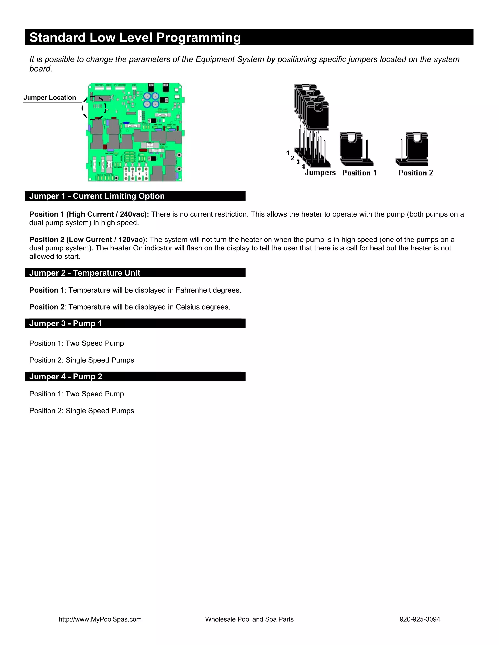 Standard Low Level Programming
It is possible to change the parameters of the Equipment System by positioning specific jumpers located on the system
board.
Jumper Location
Jumper 1 - Current Limiting Option
Position 1 (High Current / 240vac): There is no current restriction. This allows the heater to operate with the pump (both pumps on a
dual pump system) in high speed.
Position 2 (Low Current / 120vac): The system will not turn the heater on when the pump is in high speed (one of the pumps on a
dual pump system). The heater On indicator will flash on the display to tell the user that there is a call for heat but the heater is not
allowed to start.
Jumper 2 - Temperature Unit
Position 1: Temperature will be displayed in Fahrenheit degrees.
Position 2: Temperature will be displayed in Celsius degrees.
Jumper 3 - Pump 1
Position 1: Two Speed Pump
Position 2: Single Speed Pumps
Jumper 4 - Pump 2
Position 1: Two Speed Pump
Position 2: Single Speed Pumps
http://www.MyPoolSpas.com Wholesale Pool and Spa Parts 920-925-3094