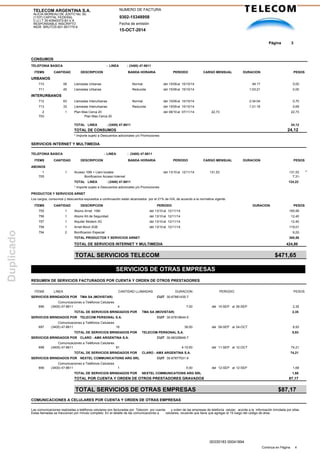 Duplicado
00335183 00041894
TELECOM ARGENTINA S.A.
ALICIA MOREAU DE JUSTO No. 50,
(1107) CAPITAL FEDERAL
C.U.I.T 30-63945373-8/I.V.A
RESPONSABLE INSCRIPTO
INGR. BRUTOS:901-951775-6
NUMERO DE FACTURA
9302-15348958
Fecha de emisión
15-OCT-2014
Página 3
CONSUMOS
TELEFONIA BASICA - LINEA : (3400) 47-8611
ITEMS CANTIDAD DESCRIPCION BANDA HORARIA PERIODO CARGO MENSUAL DURACION PESOS
URBANOS
710 58 Llamadas Urbanas Normal del 15/09 al 15/10/14 49:17 0,00
711 45 Llamadas Urbanas Reducida del 15/09 al 15/10/14 1:03:21 0,00
INTERURBANOS
712 63 Llamadas Interurbanas Normal del 15/09 al 15/10/14 2:34:04 0,70
713 33 Llamadas Interurbanas Reducida del 15/09 al 15/10/14 1:21:18 0,69
2 1 Plan Mas Cerca 20 del 08/10 al 07/11/14 22,73 22,73
703 Plan Mas Cerca 20
TOTAL LINEA : (3400) 47-8611 24,12
TOTAL DE CONSUMOS 24,12
* Importe sujeto a Descuentos adicionales y/o Promociones
SERVICIOS INTERNET Y MULTIMEDIA
TELEFONIA BASICA - LINEA : (3400) 47-8611
ITEMS CANTIDAD DESCRIPCION BANDA HORARIA PERIODO CARGO MENSUAL DURACION PESOS
ABONOS
1 1 Acceso 10M + Llam locales del 13/10 al 12/11/14 131,53 131,53 *
705 Bonificacion Acceso Internet 7,31-
TOTAL LINEA : (3400) 47-8611 124,22
* Importe sujeto a Descuentos adicionales y/o Promociones
PRODUCTOS Y SERVICIOS ARNET
Los cargos, consumos y descuentos expuestos a continuación están alcanzados por el 21% de IVA, de acuerdo a la normativa vigente.
ITEMS CANTIDAD DESCRIPCION PERIODO DURACION PESOS
755 1 Abono Arnet 10M del 13/10 al 12/11/14 165,99
756 1 Abono Kit de Seguridad del 13/10 al 12/11/14 12,40
757 1 Alquiler Modem 3G del 13/10 al 12/11/14 12,40
758 1 Arnet Movil 3GB del 13/10 al 12/11/14 119,01
754 2 Bonificacion Especial 9,22-
TOTAL PRODUCTOS Y SERVICIOS ARNET 300,58
TOTAL DE SERVICIOS INTERNET Y MULTIMEDIA 424,80
TOTAL SERVICIOS TELECOM $471,65
SERVICIOS DE OTRAS EMPRESAS
RESUMEN DE SERVICIOS FACTURADOS POR CUENTA Y ORDEN DE OTROS PRESTADORES
ITEMS LINEA CANTIDAD LLAMADAS DURACION PERIODO PESOS
SERVICIOS BRINDADOS POR TMA SA (MOVISTAR) CUIT 30-67881435-7
Comunicaciones a Teléfonos Celulares
696 (3400) 47-8611 4 7:00 del 15-SEP al 26-SEP 2,35
TOTAL DE SERVICIOS BRINDADOS POR TMA SA (MOVISTAR) 2,35
SERVICIOS BRINDADOS POR TELECOM PERSONAL S.A. CUIT 30-67818644-5
Comunicaciones a Teléfonos Celulares
697 (3400) 47-8611 16 38:00 del 09-SEP al 04-OCT 8,93
TOTAL DE SERVICIOS BRINDADOS POR TELECOM PERSONAL S.A. 8,93
SERVICIOS BRINDADOS POR CLARO - AMX ARGENTINA S.A. CUIT 30-66328849-7
Comunicaciones a Teléfonos Celulares
698 (3400) 47-8611 81 4:10:00 del 11-SEP al 12-OCT 74,21
TOTAL DE SERVICIOS BRINDADOS POR CLARO - AMX ARGENTINA S.A. 74,21
SERVICIOS BRINDADOS POR NEXTEL COMMUNICATIONS ARG SRL CUIT 30-67877531-9
Comunicaciones a Teléfonos Celulares
699 (3400) 47-8611 1 5:00 del 12-SEP al 12-SEP 1,68
TOTAL DE SERVICIOS BRINDADOS POR NEXTEL COMMUNICATIONS ARG SRL 1,68
TOTAL POR CUENTA Y ORDEN DE OTROS PRESTADORES GRAVADOS 87,17
TOTAL SERVICIOS DE OTRAS EMPRESAS $87,17
COMUNICACIONES A CELULARES POR CUENTA Y ORDEN DE OTRAS EMPRESAS
Las comunicaciones realizadas a teléfonos celulares son facturadas por Telecom por cuenta y orden de las empresas de telefonía celular, acorde a la información brindada por ellas.
Estas llamadas se fraccionan por minuto completo. En el detalle de las comunicaciones a celulares, recuerde que tiene que agregar el 15 luego del código de área.
Continúa en Página 4
 