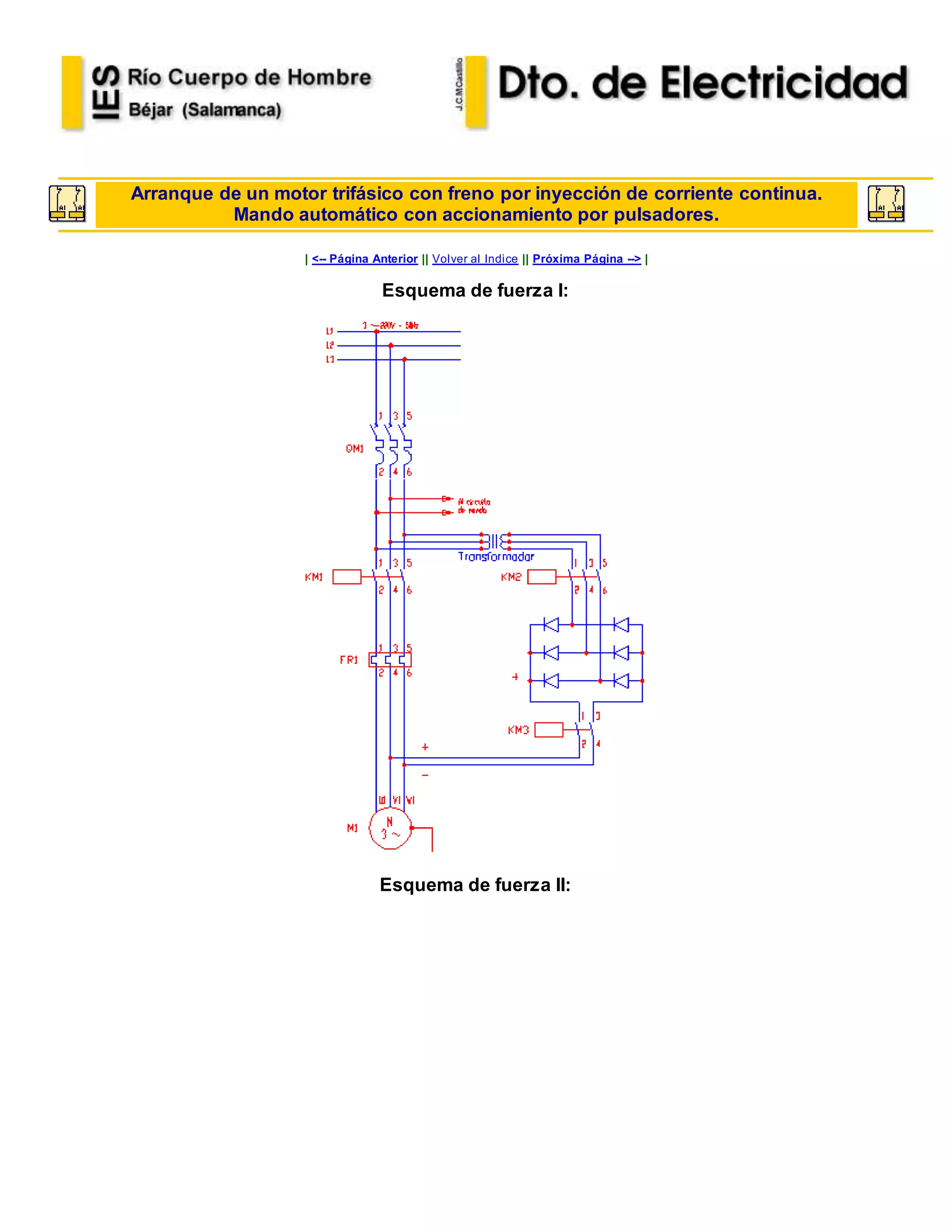 Arranque de un motor trifásico con freno por inyección de corriente continua.
Mando automático con accionamiento por pulsadores.
| <-- Página Anterior || Volver al Indice || Próxima Página --> |
Esquema de fuerza I:
.
Esquema de fuerza II:
.
 
