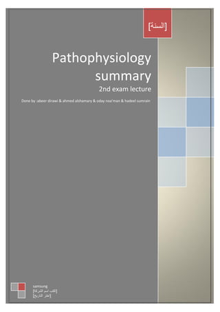 ]‫[السنة‬


                   Pathophysiology
                         summary
                                          2nd exam lecture
Done by :abeer dirawi & ahmed alshamary & oday noa'man & hadeel sumrain




      samsung
      ]‫[اكتب اسم الشركة‬
      ]‫[اختر التارٌخ‬
 