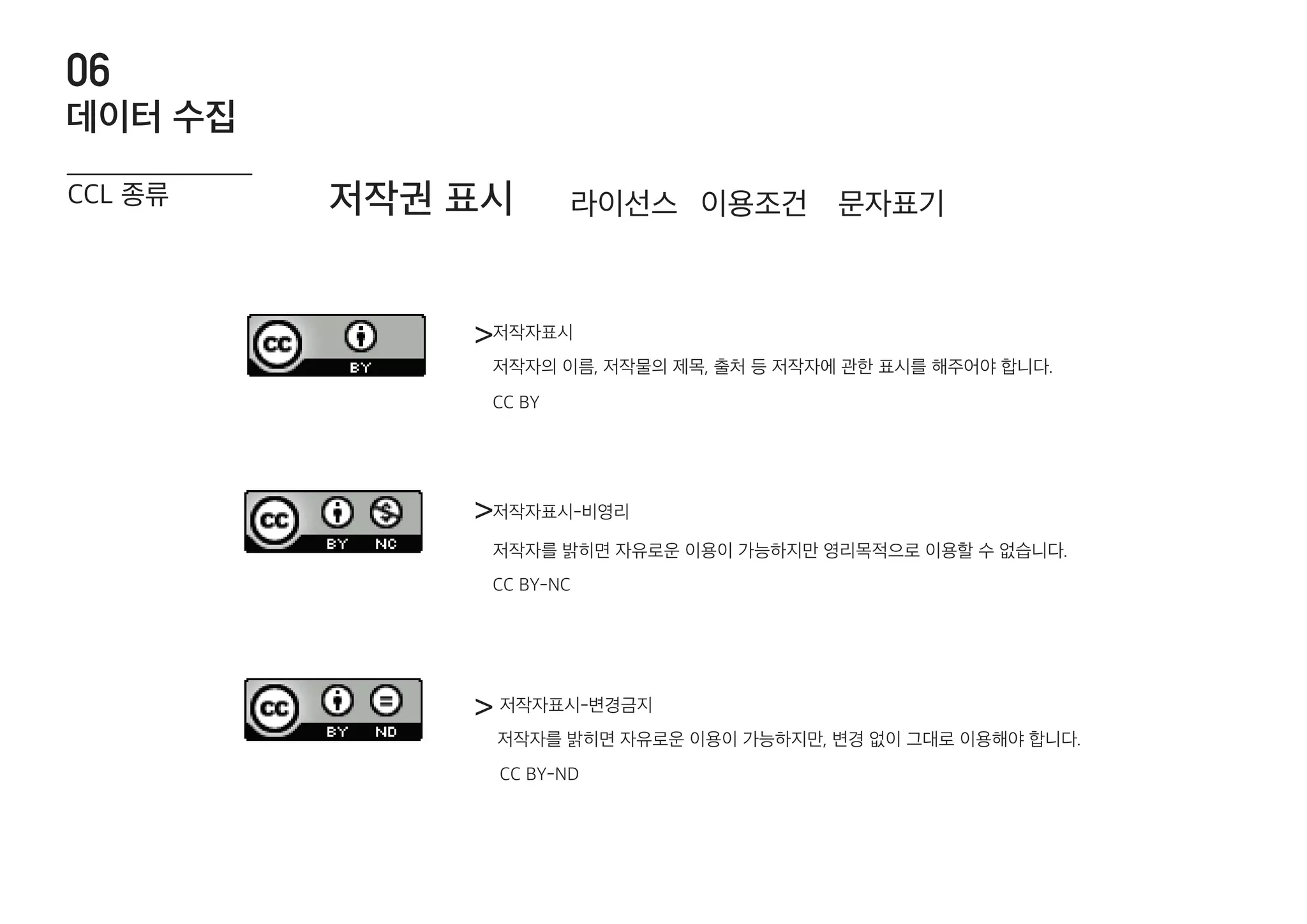 저작권 표시
>
>
>
저작자의 이름, 저작물의 제목, 출처 등 저작자에 관한 표시를 해주어야 합니다.
저작자표시
CC BY
저작자표시-비영리
저작자를 밝히면 자유로운 이용이 가능하지만 영리목적으로 이용할 수 없습니다.
CC BY-NC
저작자표시-변경금지
저작자를 밝히면 자유로운 이용이 가능하지만, 변경 없이 그대로 이용해야 합니다.
CC BY-ND
라이선스 문자표기이용조건CCL 종류
데이터 수집
06
 