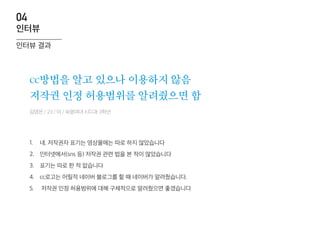 cc방법을 알고 있으나 이용하지 않음
저작권 인정 허용범위를 알려줬으면 함
네. 저작권자 표기는 영상물에는 따로 하지 않았습니다
인터넷에서(sns 등) 저작권 관련 법을 본 적이 많았습니다
표기는 따로 한 적 없습니다
cc로고는 어릴적 네이버 블로그를 할 때 네이버가 알려줬습니다.
저작권 인정 허용범위에 대해 구체적으로 알려줬으면 좋겠습니다
1.
2.
3.
4.
5.
김영은 / 23 / 여 / 숙명여대 시디과 3학년
인터뷰 결과
인터뷰
04
 