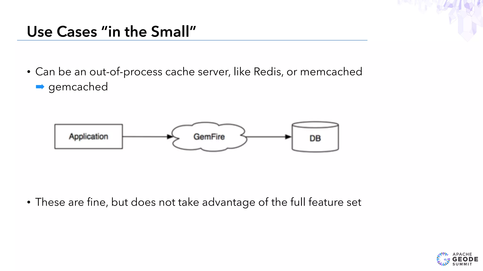 • Can be an out-of-process cache server, like Redis, or memcached
➡ gemcached
• These are ﬁne, but does not take advantage of the full feature set
11
Use Cases “in the Small”
 