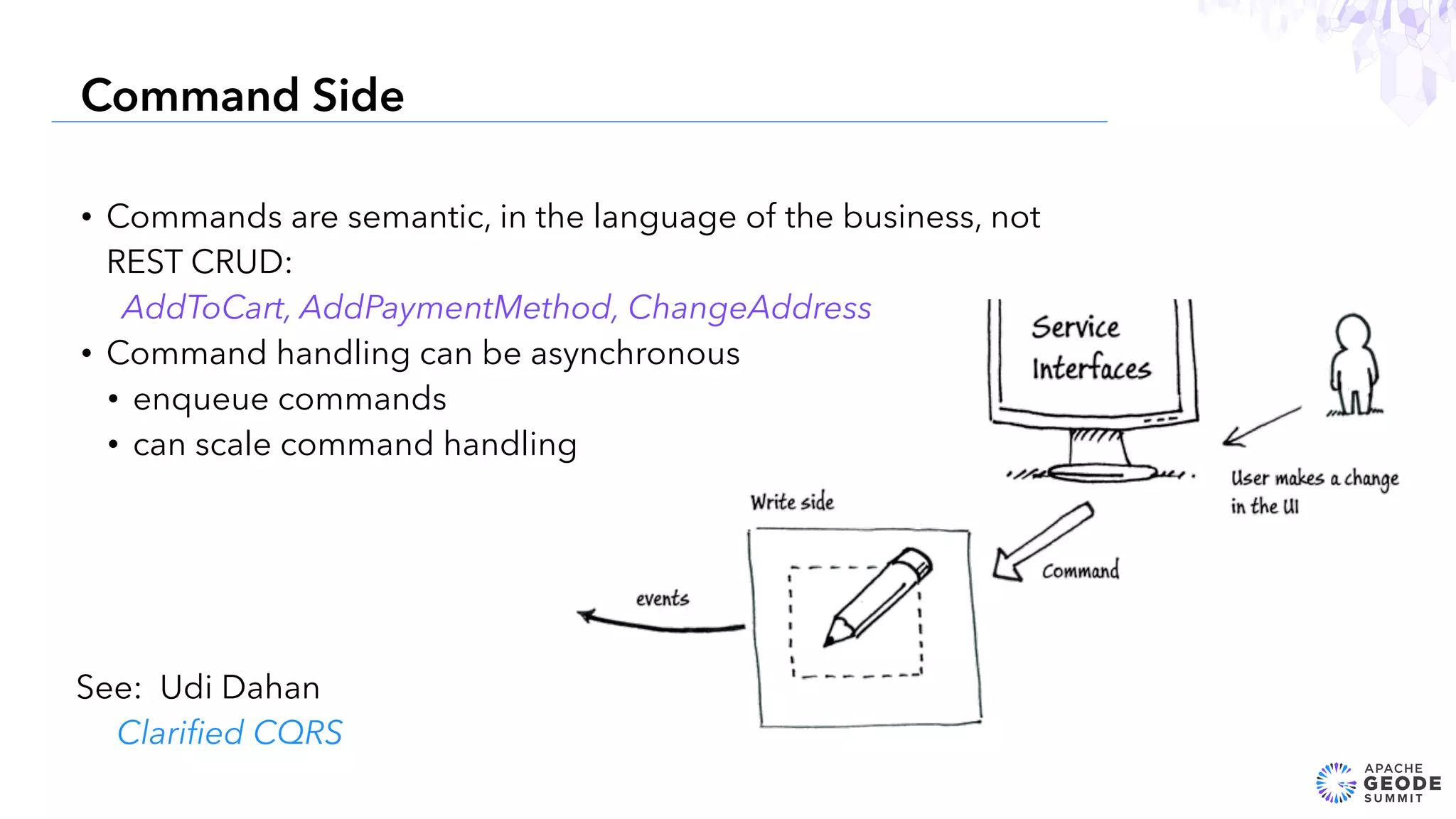 • Commands are semantic, in the language of the business, not
REST CRUD:
AddToCart, AddPaymentMethod, ChangeAddress
• Command handling can be asynchronous
• enqueue commands
• can scale command handling
21
Command Side
See: Udi Dahan
Clariﬁed CQRS
 