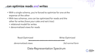 • With a single schema, you’re forced to optimize for one at the
expense of the other
• With two schemas, one can be optimized for reads and the
other for writes (have your cake and eat it too)
• relational model for writes
• denormalized views for reads
17
..can optimize reads and writes
Read-Optimized Write-Optimized
Data-Representation Spectrum
3rd normal formdenormalized views
 