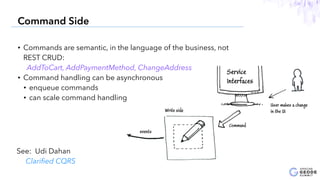 • Commands are semantic, in the language of the business, not
REST CRUD:
AddToCart, AddPaymentMethod, ChangeAddress
• Command handling can be asynchronous
• enqueue commands
• can scale command handling
21
Command Side
See: Udi Dahan
Clariﬁed CQRS
 