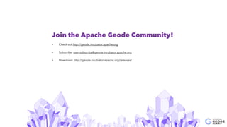 29
Join the Apache Geode Community!
• Check out http://geode.incubator.apache.org
• Subscribe: user-subscribe@geode.incubator.apache.org
• Download: http://geode.incubator.apache.org/releases/
 