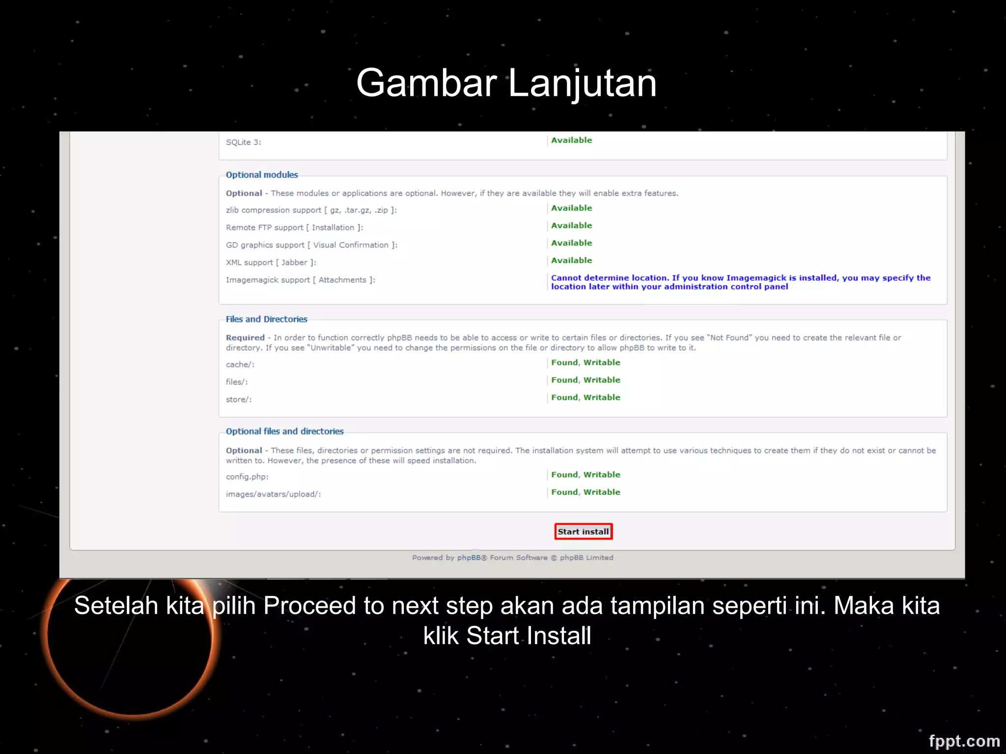 Gambar Lanjutan
Setelah kita pilih Proceed to next step akan ada tampilan seperti ini. Maka kita
klik Start Install
 
