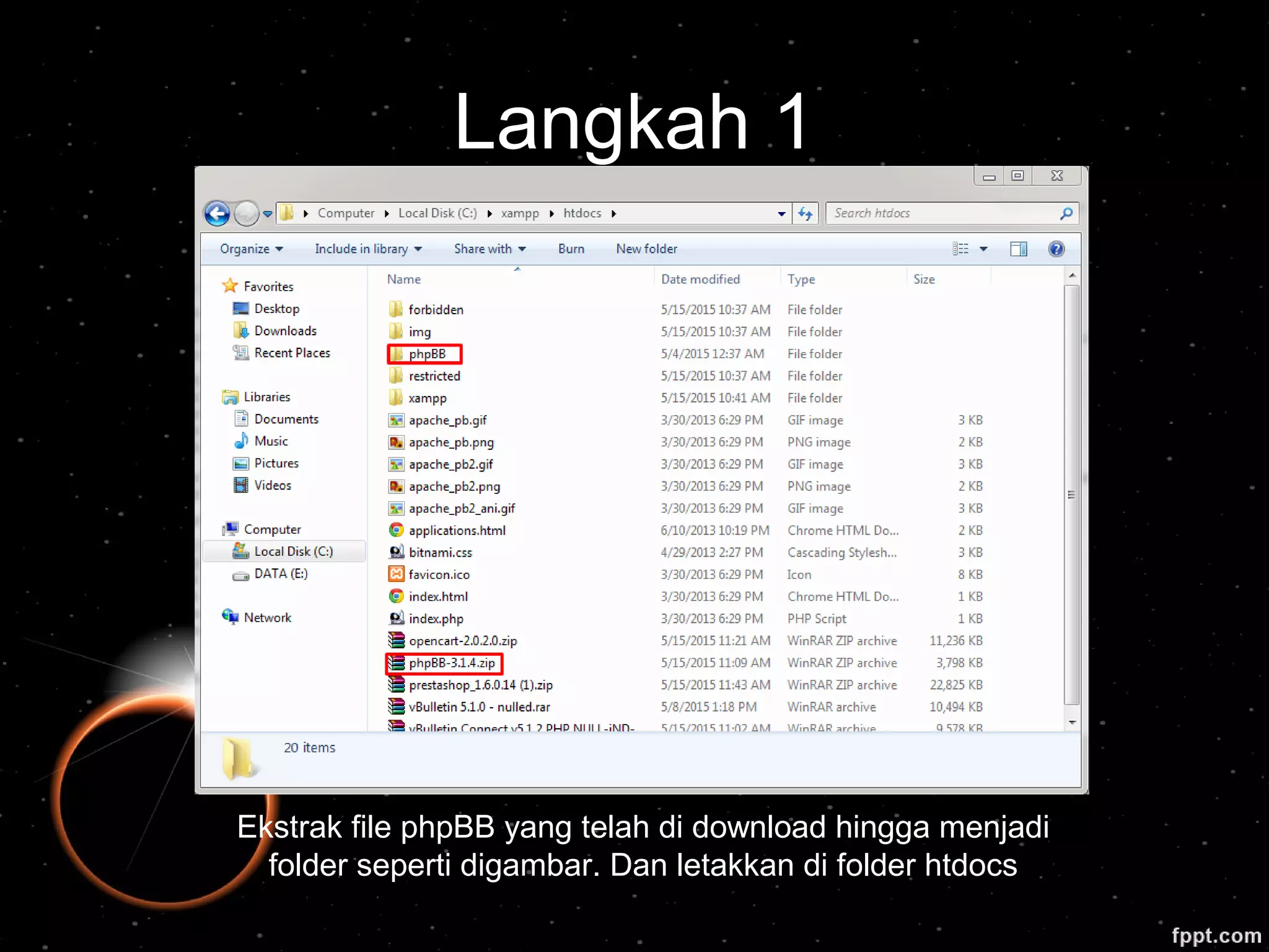Langkah 1
Ekstrak file phpBB yang telah di download hingga menjadi
folder seperti digambar. Dan letakkan di folder htdocs
 
