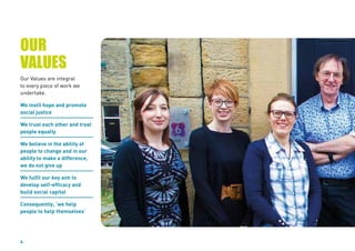 4
OUR
VALUES
Our Values are integral
to every piece of work we
undertake.
We instil hope and promote
social justice
We trust each other and treat
people equally
We believe in the ability of
people to change and in our
ability to make a difference,
we do not give up
We fulfil our key aim to
develop self-efficacy and
build social capital
Consequently, ‘we help
people to help themselves’
 