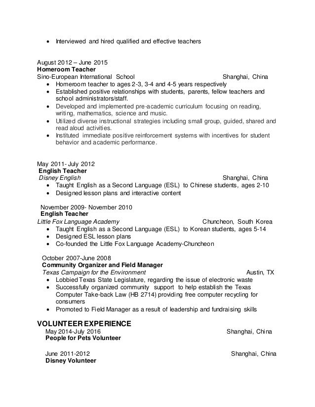 chinese teacher resumes
