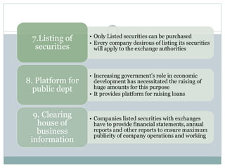 • Only Listed securities can be purchased
• Every company desirous of listing its securities
will apply to the exchange authorities
7.Listing of
securities
• Increasing government’s role in economic
development has necessitated the raising of
huge amounts for this purpose
• It provides platform for raising loans
8. Platform for
public dept
• Companies listed securities with exchanges
have to provide financial statements, annual
reports and other reports to ensure maximum
publicity of company operations and working
9. Clearing
house of
business
information
 